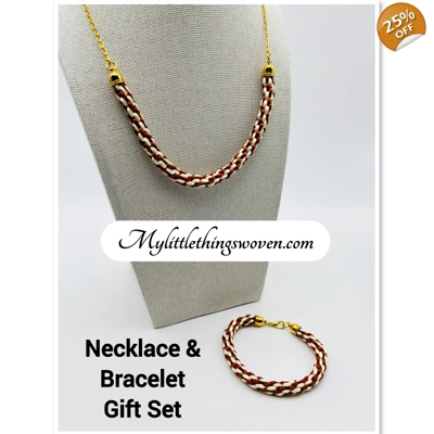 Gold Two-Toned Brown And Cream Necklace And Bracelet 2 Piece Set