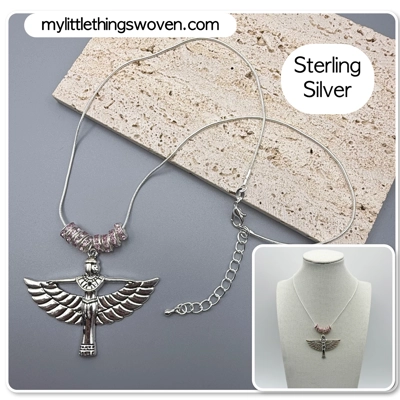 Winged Isis Goddess Amulet Pendant/Necklace with Pink Rondelle Beading, Sterling Silver