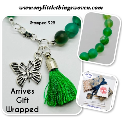 Green Striped Agate Quartz Stone Bead Bracelet + tassel and butterfly dangle charms