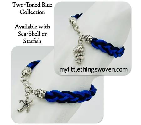 Blue Two-toned Braided Bracelet with Silver Charms,Ocean-theme