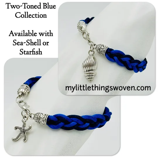 Blue Two-toned Braided Bracelet with Silver Charms,Ocean-theme