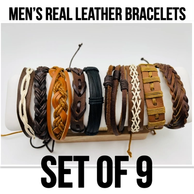 Men's bracelets real leather multicoloured Set of 9
