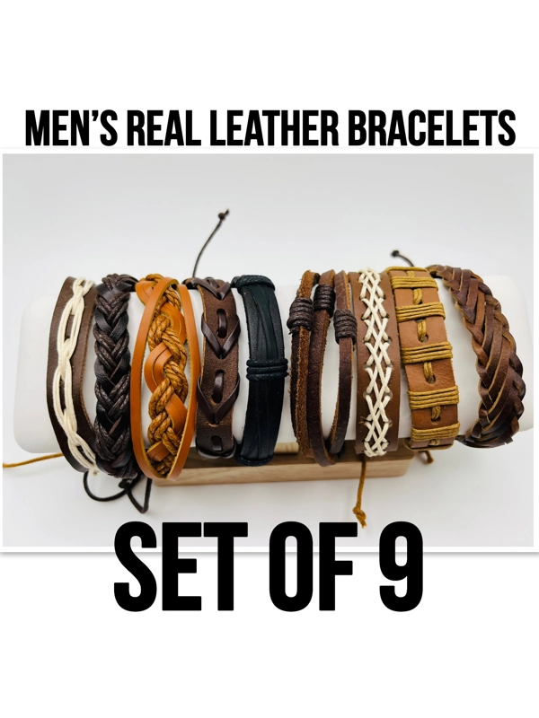 Mens bracelets real leather multicoloured Set of 9