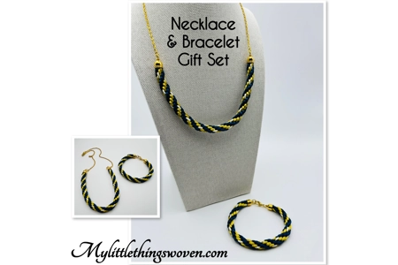 Blue And Gold Spiral Pattern Gold Braided Kumihimo Necklace & Bracelet 2 piece set