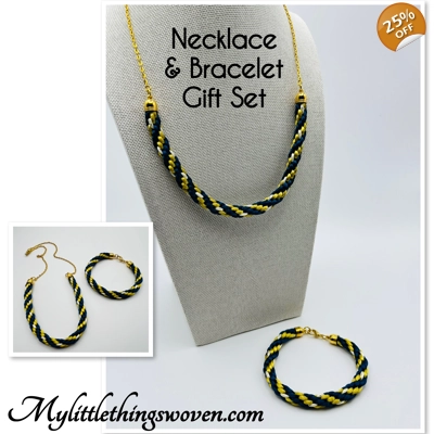 Blue And Gold Spiral Pattern Gold Braided Kumihimo Necklace & Bracelet 2 piece set