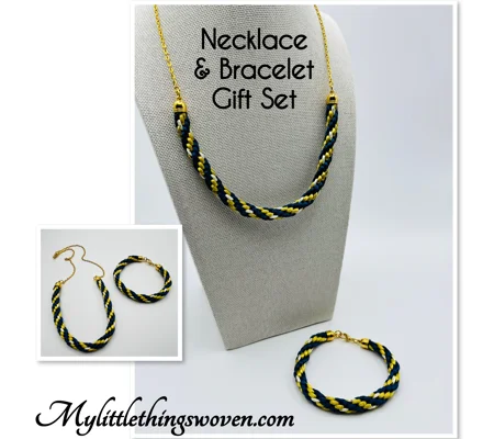 Blue And Gold Spiral Pattern Gold Braided Kumihimo Necklace & Bracelet 2 piece set