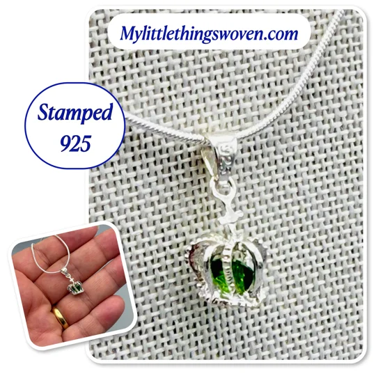 Faux Emerald Crown Pendant & Necklace, Sterling Silver 925, Snake Chain, Adjustable
