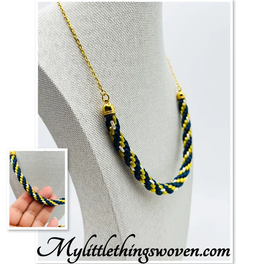 Blue And Gold Spiral Pattern Gold Braided Kumihimo Necklace & Bracelet 2 piece set