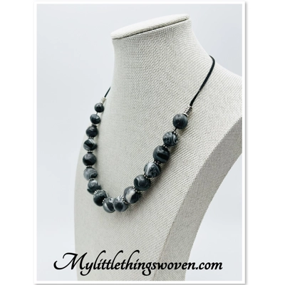 Black & White Beaded Necklace, Polymer Clay, Spiral Pattern, Handmade,