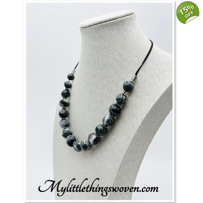 Black & White Beaded Necklace, Polymer Clay, Spiral Pattern, Handmade,