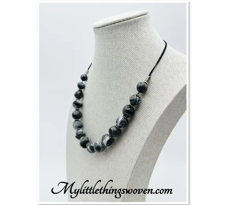 Black & White Beaded Necklace, Polymer Clay, Spiral Pattern, Handmade,