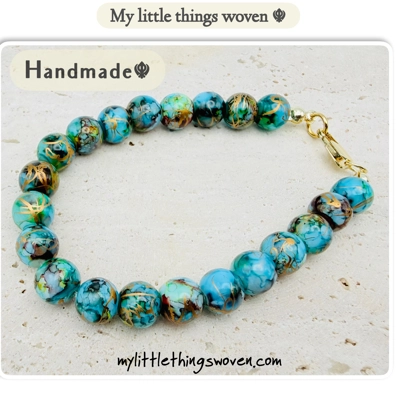 Turquoise/Gold 8mm Round Opaque Glass Draw bench Style Beaded Bracelet, Gold Plated, Handmade