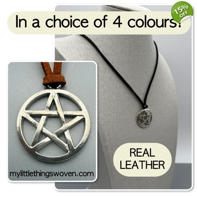 Men's Silver Pentagram Pendant/Necklace, Real Leather Cord - Choice of Colours,