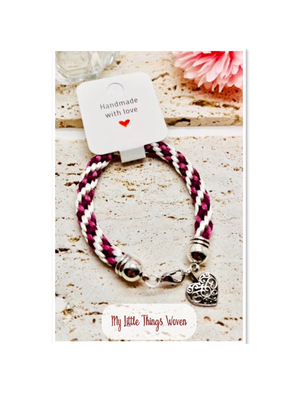 Pink Multicoloured Silk Braided Bracelet & Love Heart Charm Silver Jewellery NEW