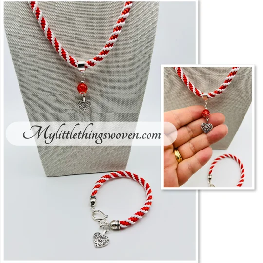 Red And White Spiral Braid Necklace & Bracelet Set With Love Heart Theme Silver