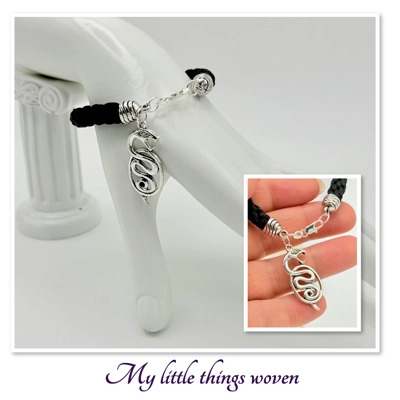 Black Snake Charm Bracelet Kumihimo Cord Braid, Real Silver
