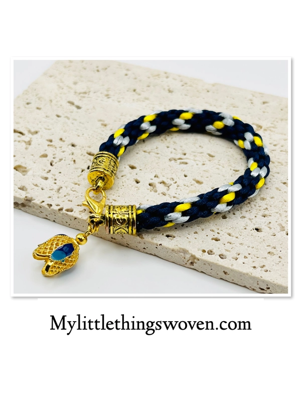 Blue Multicoloured Braided Cord Kumihimo Bracelet With Flower Bell Dangle Charm