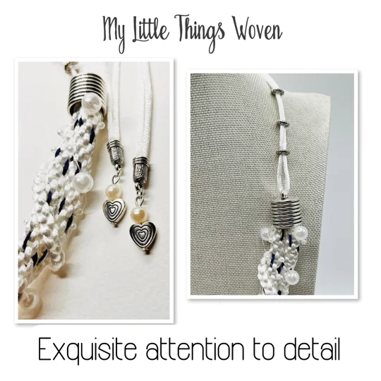 White Silk & Pearl Heart Bridal Multi-strand Necklace & 925 Silver Earrings Set