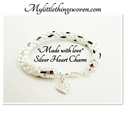 White & Blue Silk Braided Cord Bracelet Real Silver 925 "Made with love" Heart Dangle Charm White & Blue Silk Braided Cord Bracelet Real Silver 925 "Made with love" Heart Dangle Charm