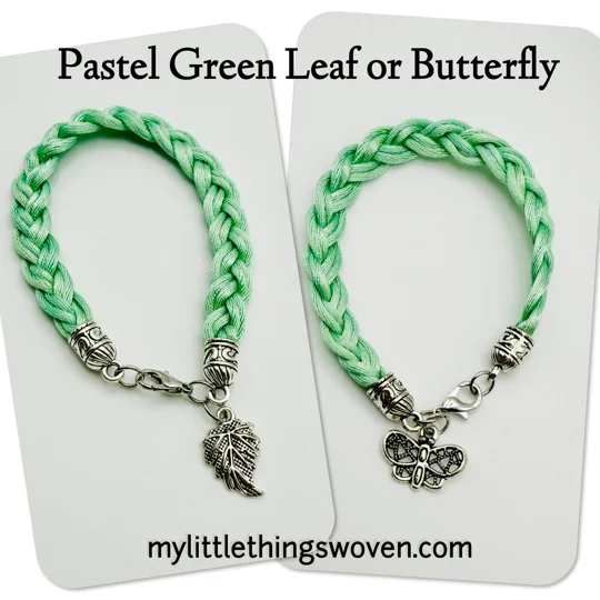 Pastel Green Braided Bracelet with Silver Dangle Charms: Leaf 0r Butterfly