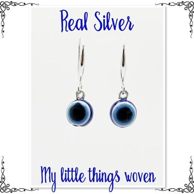 Real Silver Evil Eye Dangle Earrings