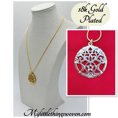 Tree of life with pentagram & moons pendant and necklace 18k gold plated