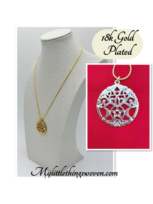 Tree of life with pentagram & moons pendant and necklace 18k gold plated
