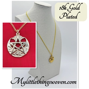 Gold Pentagram Medallion Pendant & Necklace 18k Gold Plated