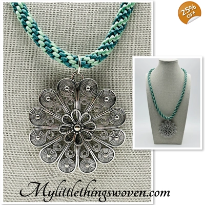 Flower Pendant & Necklace Green Cord Silver