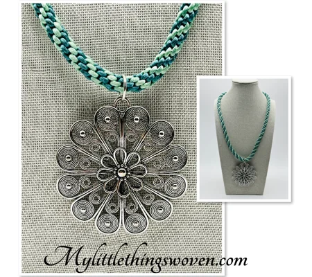 Flower Pendant & Necklace Green Cord Silver