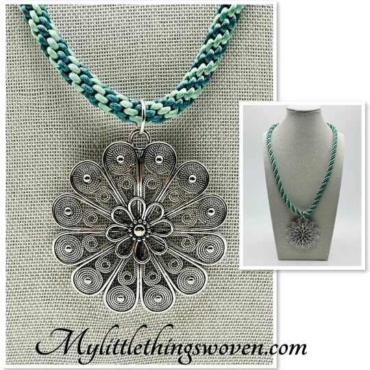Flower Pendant & Necklace Green Cord Silver