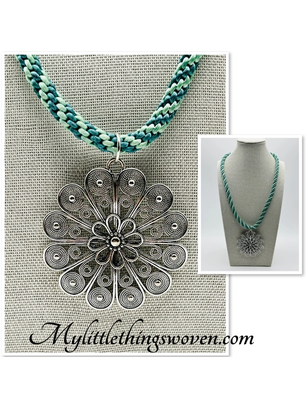 Flower Pendant & Necklace Green Cord Silver