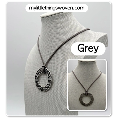 Silver Open Circle Pendant/Necklace, Suede Leather Cord - Blue/Grey