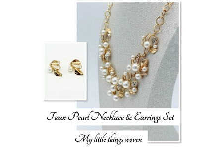 Gold & Faux Pearl Necklace & Earrings Jewellery Set