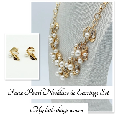 Gold & Faux Pearl Necklace & Earrings Jewellery Set