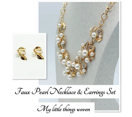 Gold & Faux Pearl Necklace & Earrings Jewellery Set