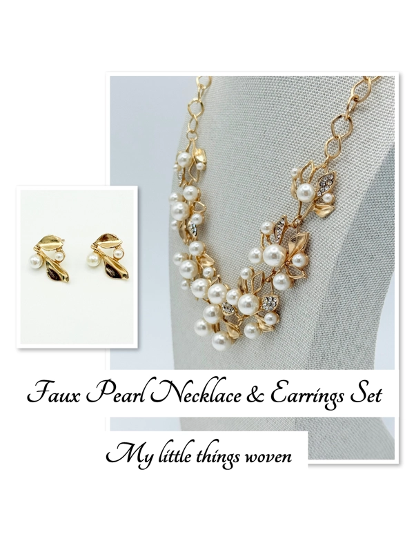 Gold & Faux Pearl Necklace & Earrings Jewellery Set