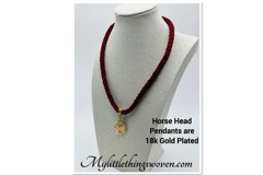 Horse Head Pendant Necklace And Bracelet, Red  2 piece set Gold Plated