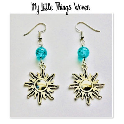 Silver Plated Turquoise Beaded Earrings with Sunburst Charm. Dangle Drop Boho Earrings