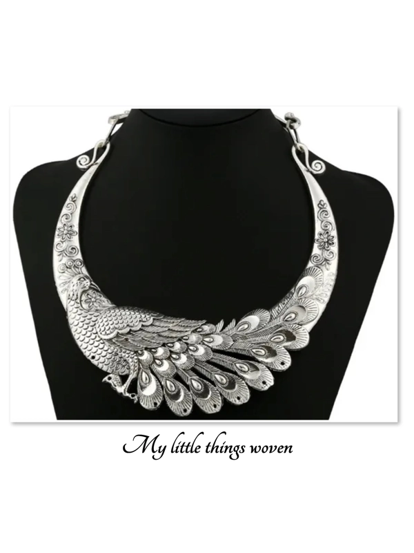 Peacock Texture Ethnic Bohemian Collar Pendant Necklace Silver