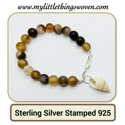 Brown Banded Striped Agate Natural Stone Bead Bracelet + shell dangle charm in Silver or Gold