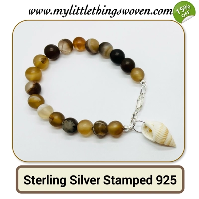 Brown Banded Striped Agate Natural Stone Bead Bracelet + shell dangle charm in Silver or Gold