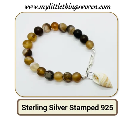 Brown Banded Striped Agate Natural Stone Bead Bracelet + shell dangle charm in Silver or Gold