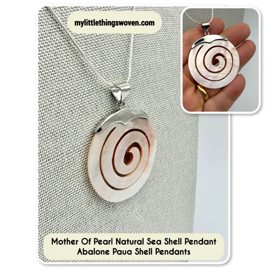 Mother Of Pearl Natural Sea Shell Pendant Shell Pendants on Sterling Silver Snake Chain