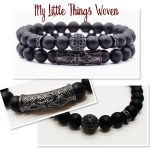 Men's Pave CZ Black 8mm Stone Beaded Bracelet with Chrystal Bail Charms