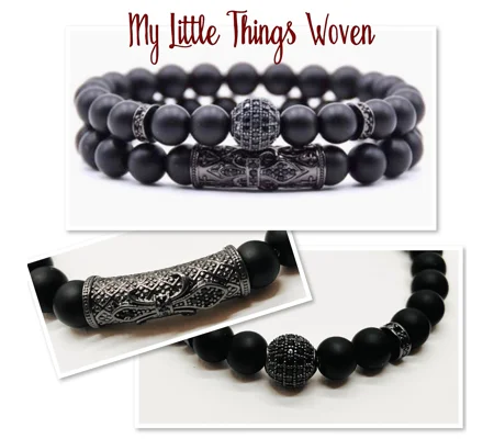 Men's Pave CZ Black 8mm Stone Beaded Bracelet with Chrystal Bail Charms