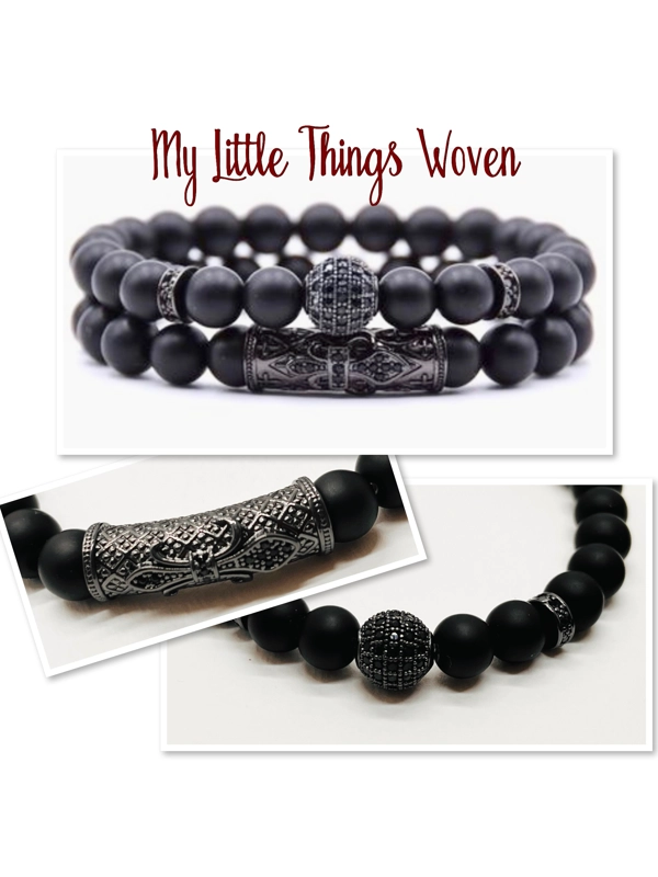 Men's Pave CZ Black 8mm Stone Beaded Bracelet with Chrystal Bail Charms