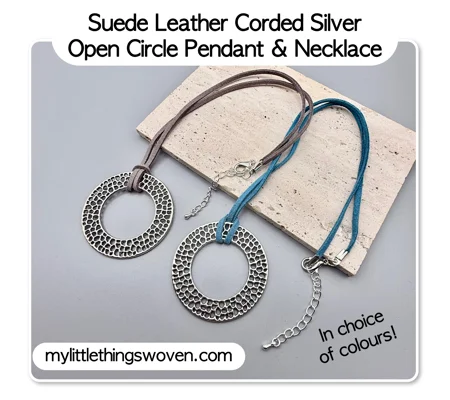 Silver Open Circle Pendant/Necklace, Suede Leather Cord - Blue/Grey