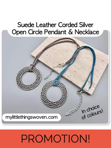 Silver Open Circle Pendant/Necklace, Suede Leather Cord - Blue/Grey