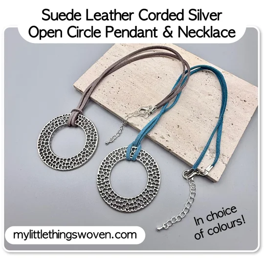 Silver Open Circle Pendant/Necklace, Suede Leather Cord - Blue/Grey